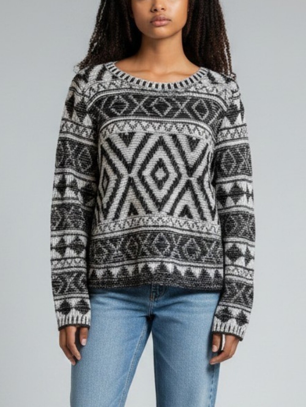 Lucky Brand Black White Geometric Aztec Crewneck Sweater Boho Pullover Size L
